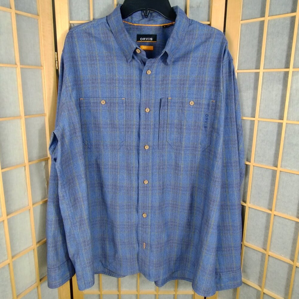 Orvis Active Fit Blue Plaid Long Sleeve Shirt Size L